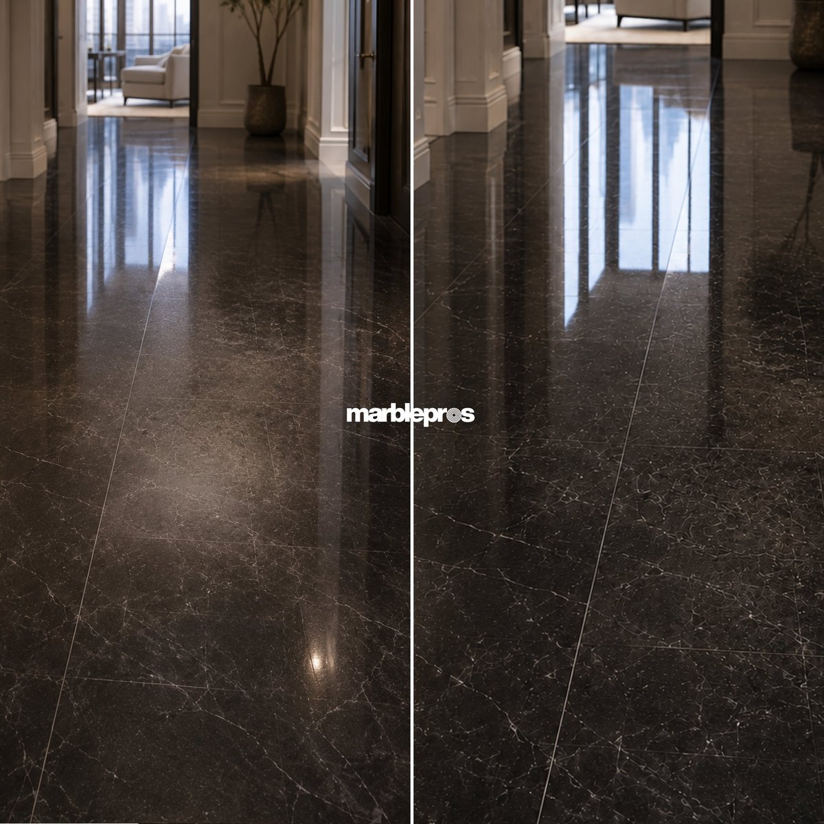 Before and after — commercial dark marble hallway restoration in Manhattan