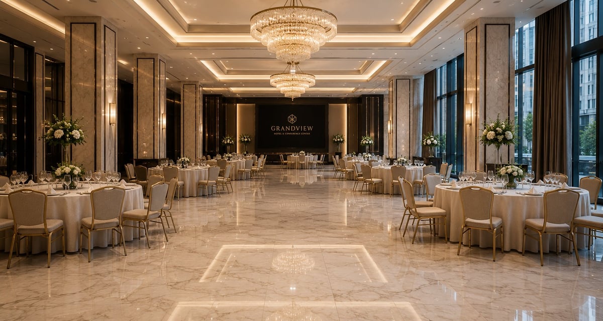 Elegant ballroom with round dining tables, gold chairs, chandeliers, and marble flooring set up for a formal event or wedding reception